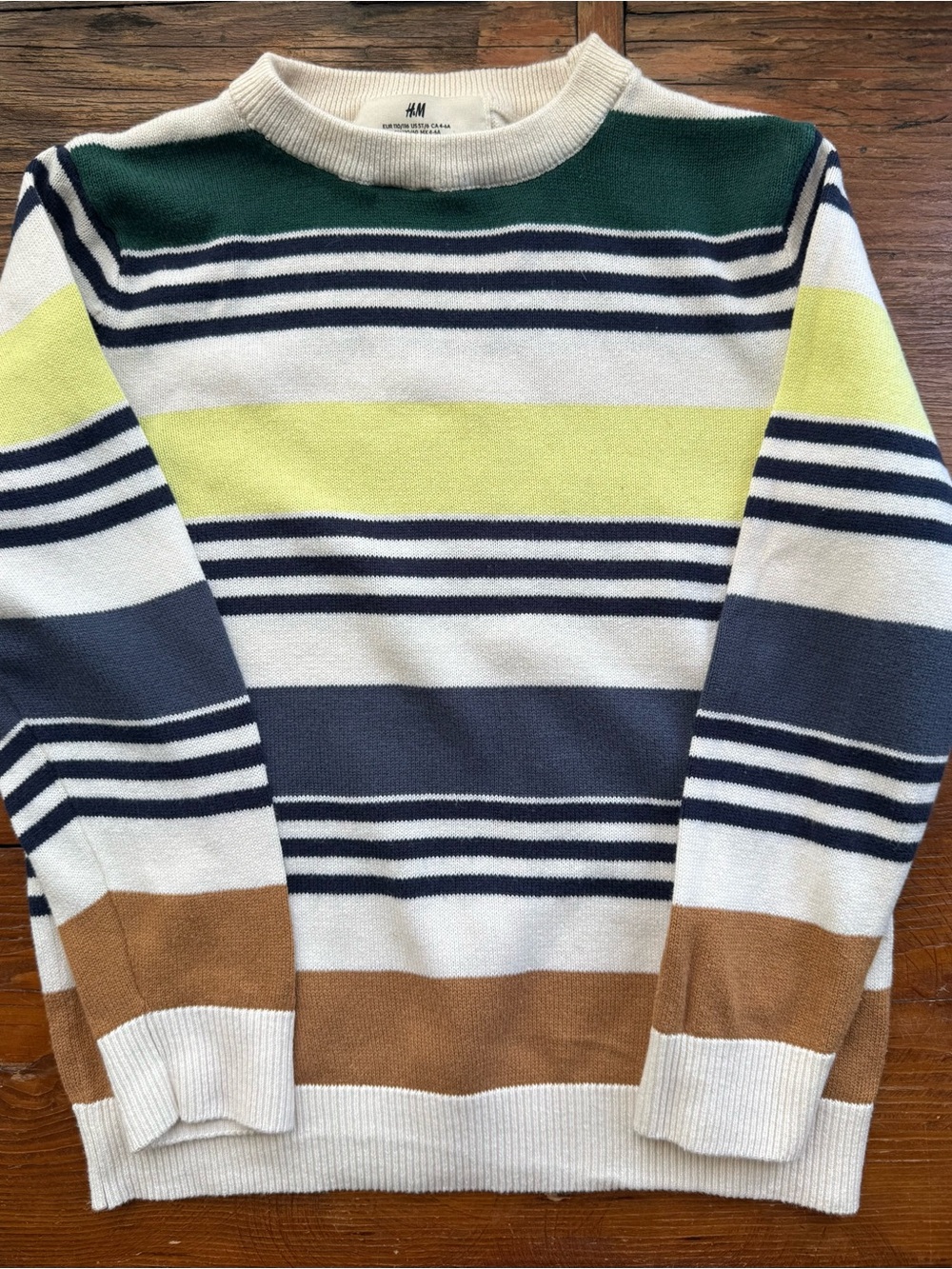 H&M Boys 5T/6 Striped Crewneck Sweater — Green, Yellow, Navy, Brown, Cream